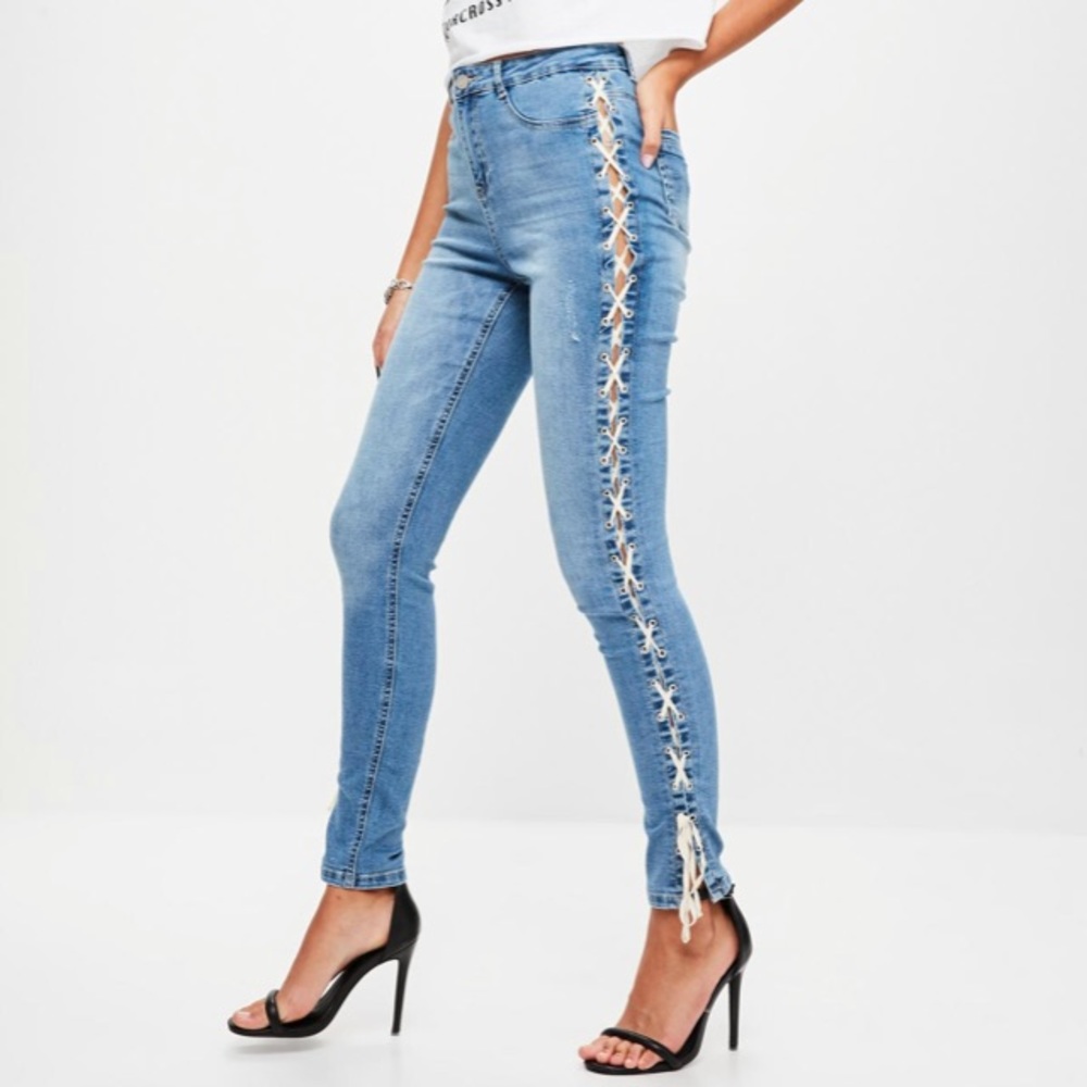 blue sinner high waist lace side skinny jeans